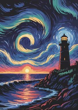 Lighthouse at Sunset with Swirling Sky