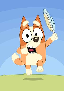 Excited Bluey Character with Feather