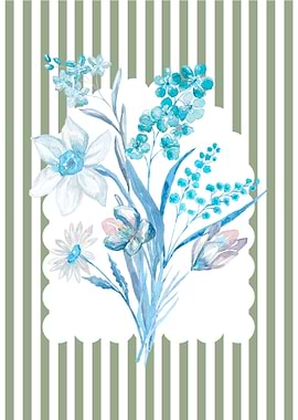 Watercolor Floral Bouquet on Striped Background