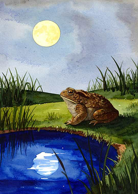 Toad by Pond Under Moonlight