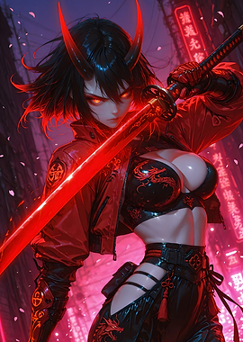 Cyberpunk Oni Girl with Katana