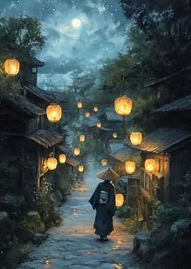 Japanese Village at Night with Lanterns
