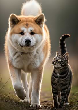 Akita Dog and Cat Friendship Portrait