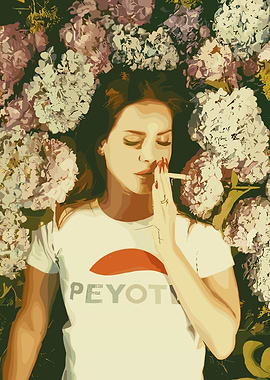 Woman in Flowers Smoking Cigarette