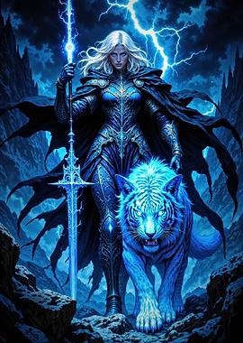 Thunderous Vengeance: Frost Sorceress and Her Sapphire Beast Under Lightning Skies