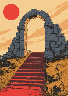 Ancient Stone Archway with Red Steps