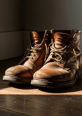 Worn Brown Leather Boots on Wood Floor