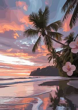 Tropical Beach Sunset with Palm Trees