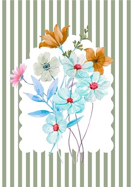 Watercolor Floral Bouquet on Striped Background