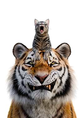Cat Yawning on Tiger's Head