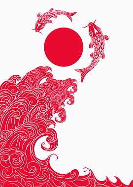 Red Koi Fish and Waves Illustration