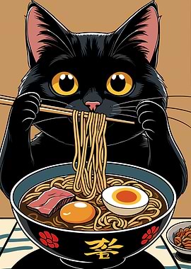Black Cat Eating Ramen Illustration