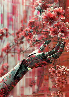 Mechanical Blossom – Robotic Hand Holding Cherry Blossoms | Futuristic Floral Art
