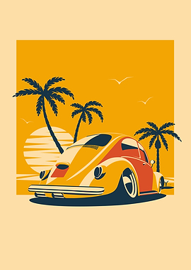 Retro Car on Beach Illustration