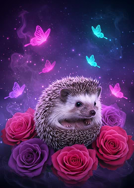 Hedgehog with Roses and Neon Butterflies
