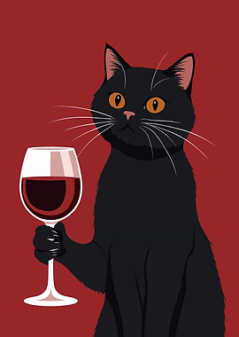 Black Cat with Wine Glass