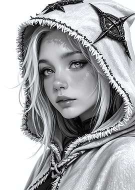 Hooded Woman Portrait in Black and White