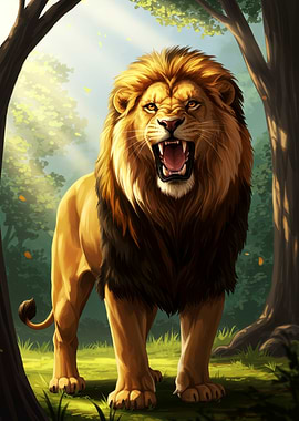 Roaring Lion in Forest Illustration