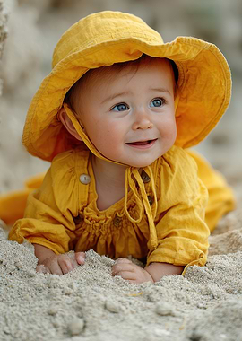 Baby in Yellow Outfit on Beach