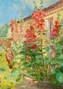 Hollyhocks in Garden Painting