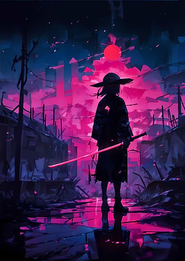Cyberpunk Samurai with Glowing Katana