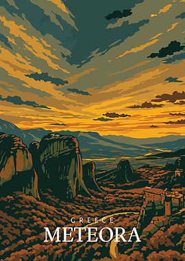 Meteora Greece Sunset Poster – Scenic Monastery View Wall Art