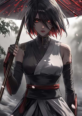 Anime Warrior Woman with Red Umbrella