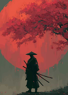 Samurai under red moon and tree