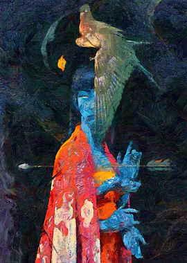 Abstract Woman with Bird Painting