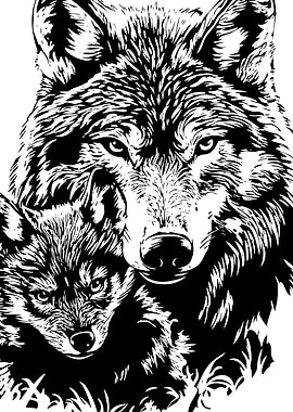 Wolf and Cub Black and White