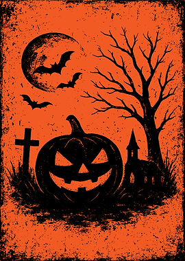 Halloween Night Pumpkin and Bats