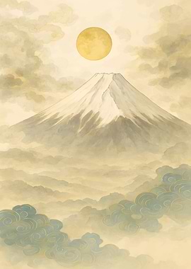 Mount Fuji and Moon Watercolor Painting