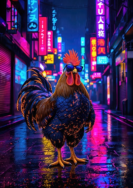 Cyberpunk Rooster with Sunglasses