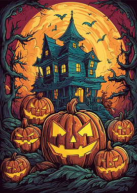 Halloween Haunted House with Pumpkins