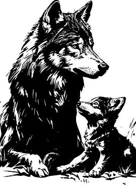 Wolf and Cub Black and White
