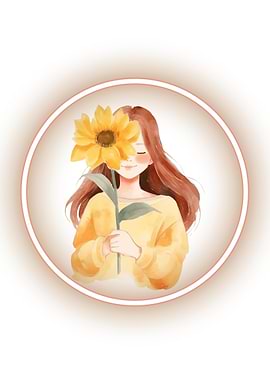 Girl with Sunflower Watercolor Illustration
