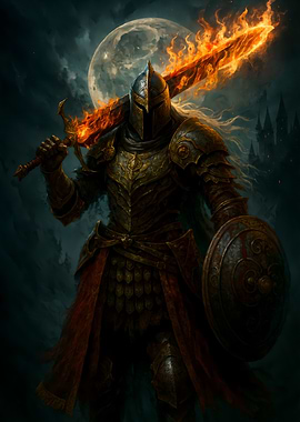 Flaming Sword Knight Under Moonlight