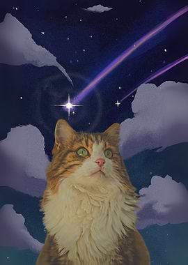 Cat gazing at shooting stars