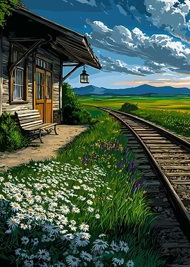 Rural Train Station with Daisies