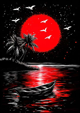 Red Moon Tropical Night Illustration