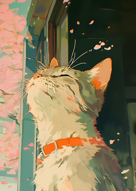 Cat gazing at cherry blossoms