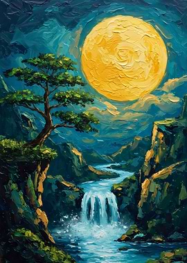 Moonlit Waterfall Landscape Painting