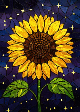 Stained Glass Sunflower with Starry Background