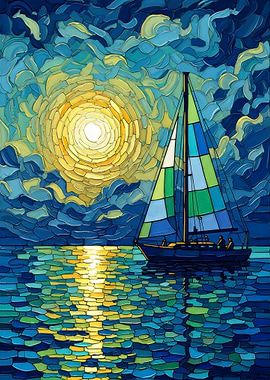 Sailboat at Sea, Mosaic Style