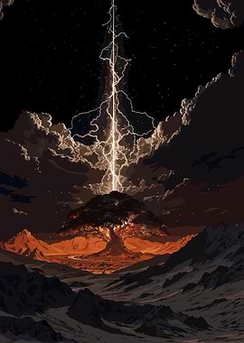 Lightning Strikes a Tree in Landscape