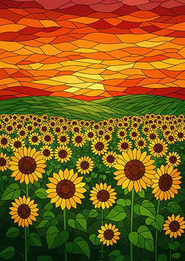 Stained Glass Sunflower Field at Sunset