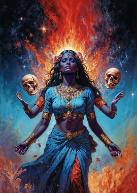 Goddess Kali with Skulls and Flames