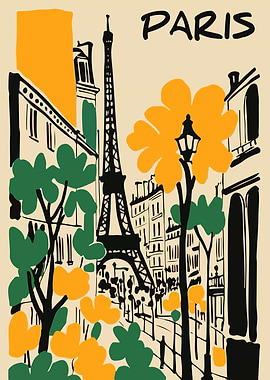 Paris Illustration with Eiffel Tower and Flowers