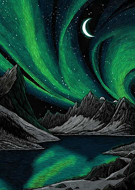 Aurora Borealis over Mountain Lake