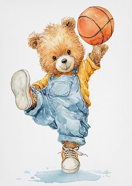 Watercolor Teddy Bear Playing Basketball